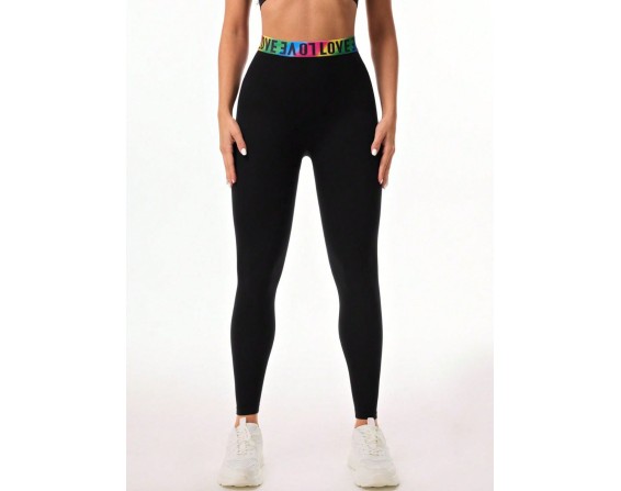 Letter Printed High Waist Active Leggings