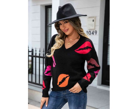 Lip V-Neck Drop Shoulder Sweater