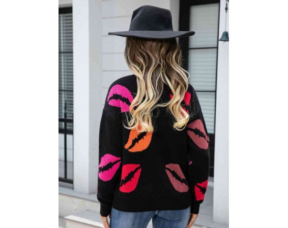 Lip V-Neck Drop Shoulder Sweater