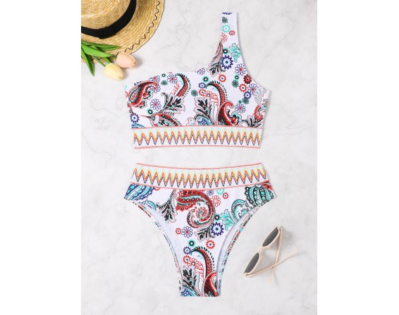 Printed One Shoulder Swim Set