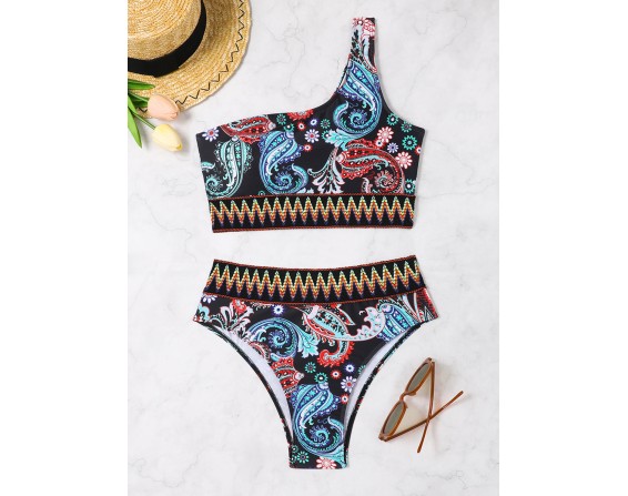 Printed One Shoulder Swim Set