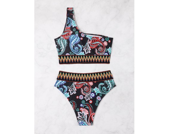 Printed One Shoulder Swim Set