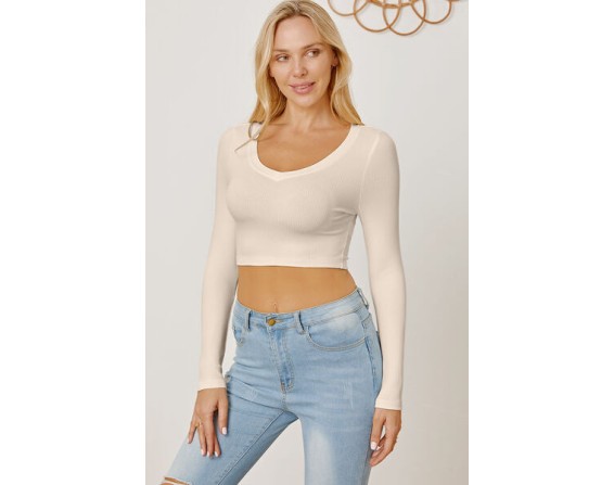 Round Neck Long Sleeve Cropped T-Shirt