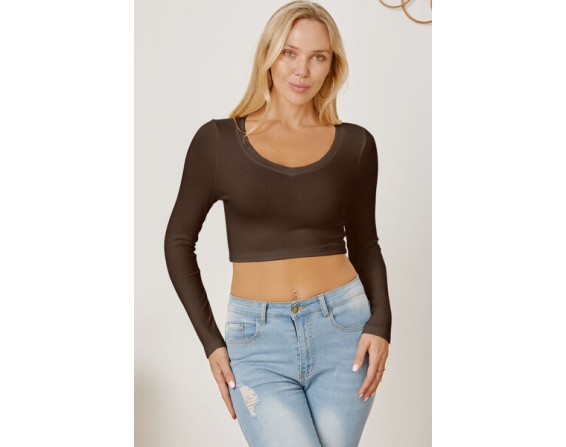 Round Neck Long Sleeve Cropped T-Shirt