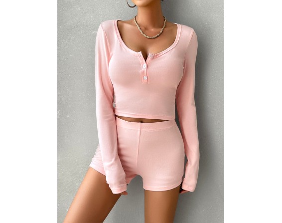 Scoop Neck Long Sleeve Top and Shorts Set