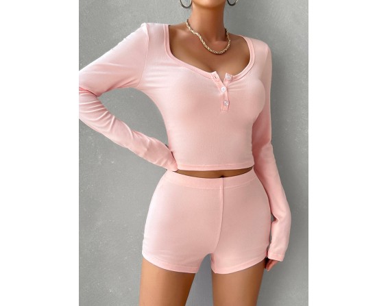 Scoop Neck Long Sleeve Top and Shorts Set