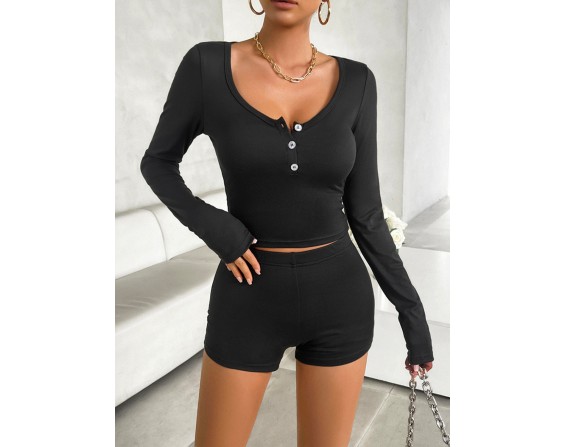 Scoop Neck Long Sleeve Top and Shorts Set