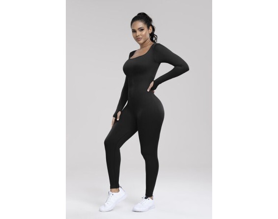 Square Neck Long Sleeve Active Jumpsuit