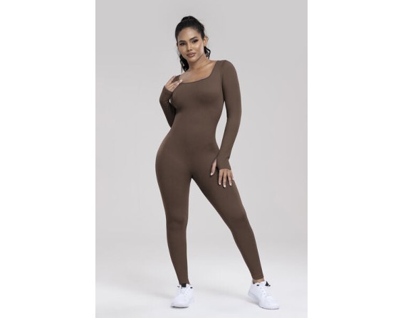 Square Neck Long Sleeve Active Jumpsuit