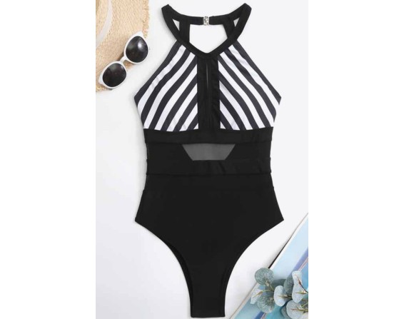 Striped Backless One-Piece Swimsuit