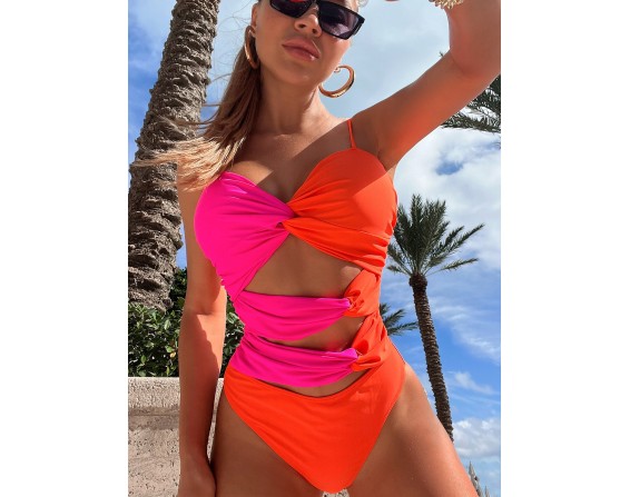 Two-Tone Twisted Cutout One-Piece Swimsuit