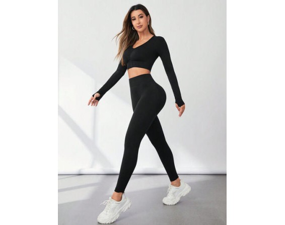 V-Neck Long Sleeve Top and Leggings Active Set