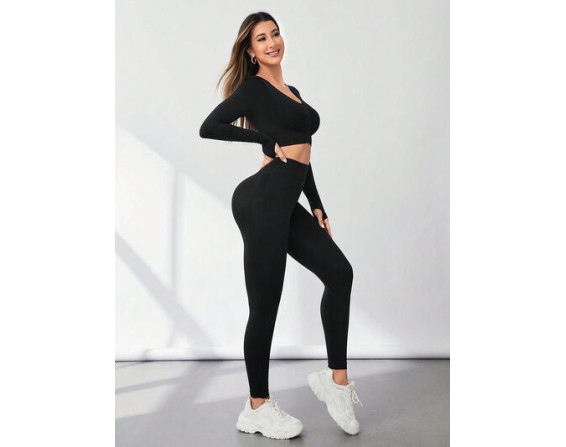 V-Neck Long Sleeve Top and Leggings Active Set