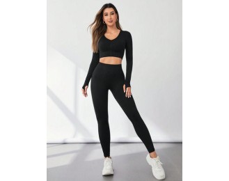 V-Neck Long Sleeve Top and Leggings Active Set