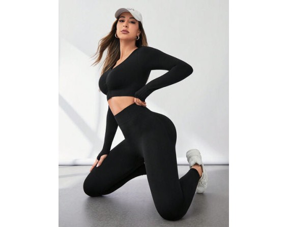 V-Neck Long Sleeve Top and Leggings Active Set