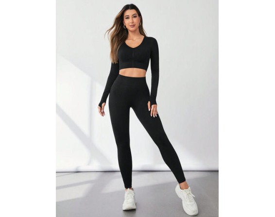 V-Neck Long Sleeve Top and Leggings Active Set