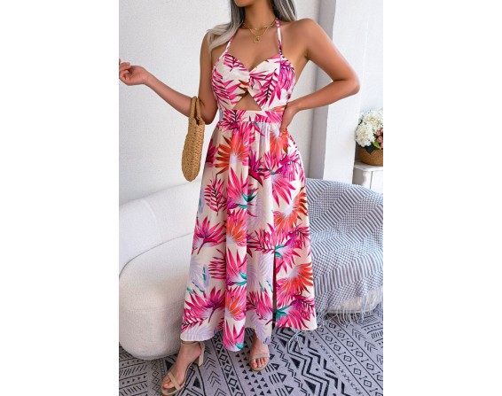 Botanical Tied Backless Cutout Slit Dress