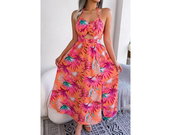 Botanical Tied Backless Cutout Slit Dress