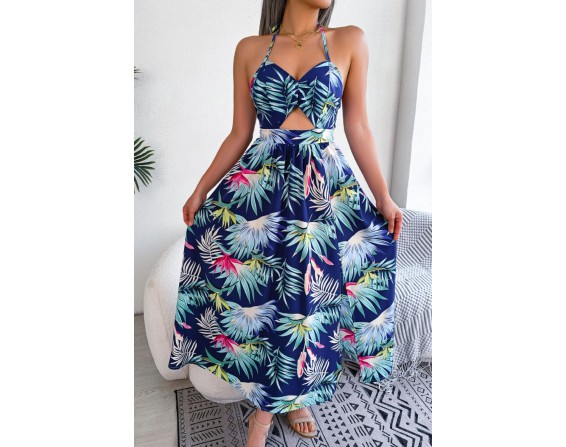 Botanical Tied Backless Cutout Slit Dress