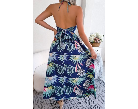 Botanical Tied Backless Cutout Slit Dress