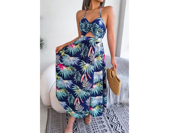 Botanical Tied Backless Cutout Slit Dress