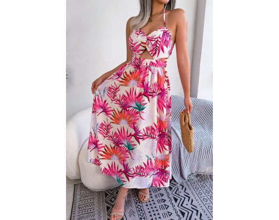 Botanical Tied Backless Cutout Slit Dress