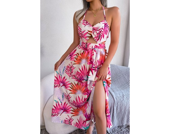 Botanical Tied Backless Cutout Slit Dress