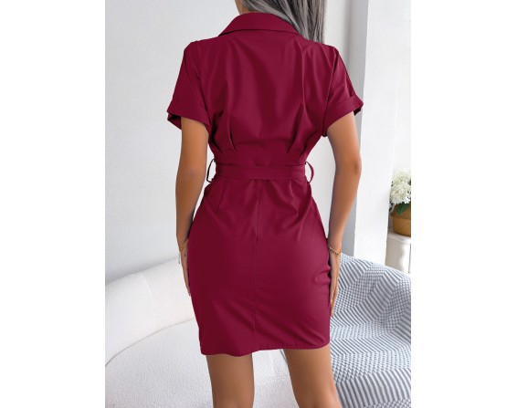 Button Down Ruched Tie Belt Dress