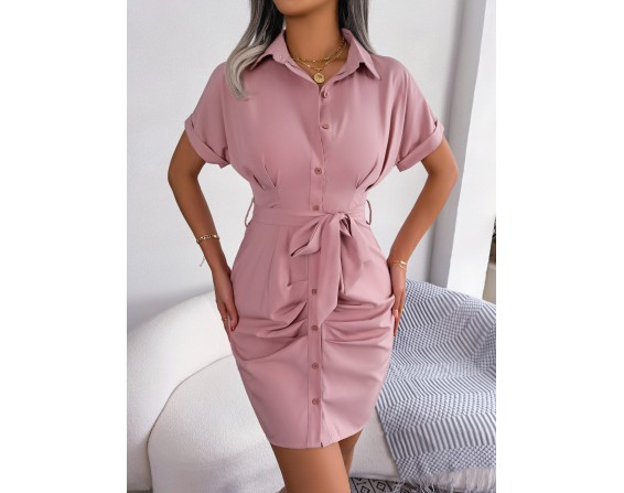 Button Down Ruched Tie Belt Dress