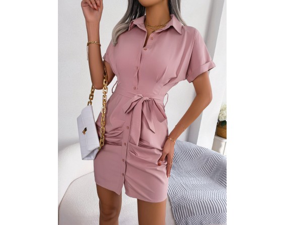 Button Down Ruched Tie Belt Dress