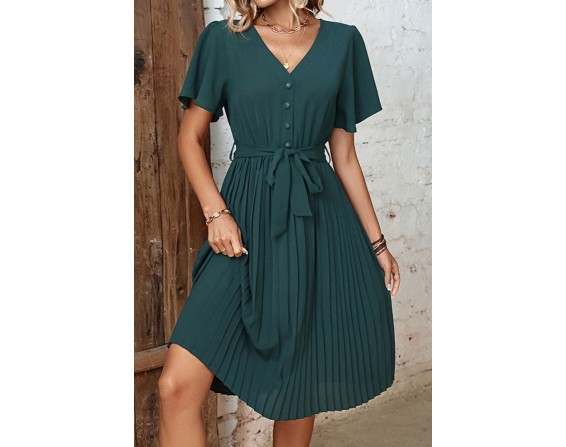 Buttoned V-Neck Flutter Short Sleeve Mini Dress