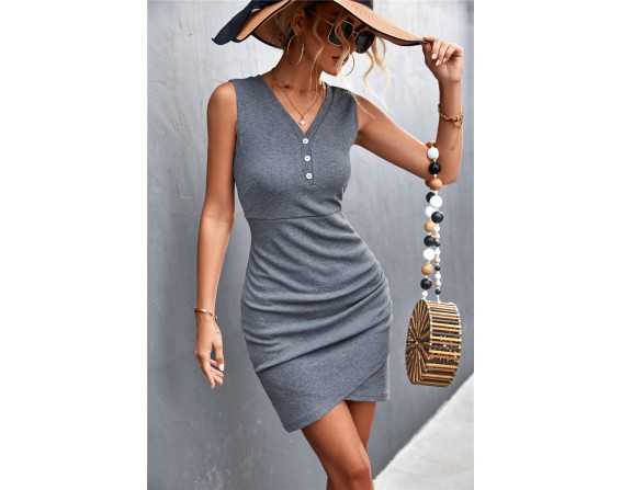 Buttoned V-Neck Tulip Hem Sleeveless Dress