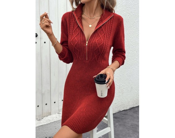 Cable-Knit Half Zip Long Sleeve Sweater Dress