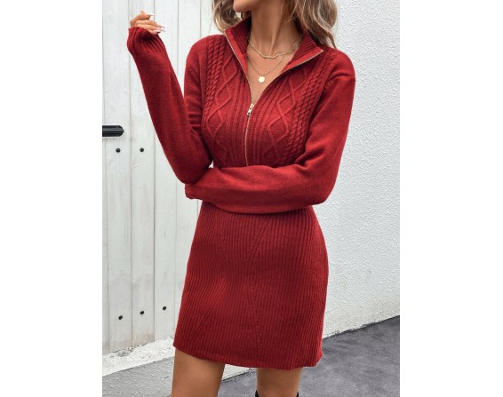 Cable-Knit Half Zip Long Sleeve Sweater Dress