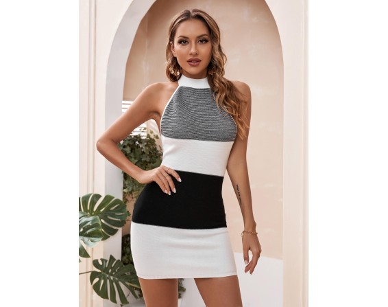 Color Block Halter Neck Knit Dress