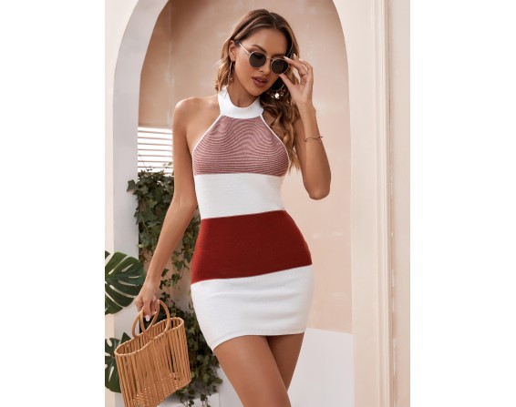 Color Block Halter Neck Knit Dress