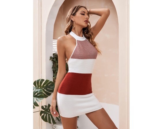 Color Block Halter Neck Knit Dress