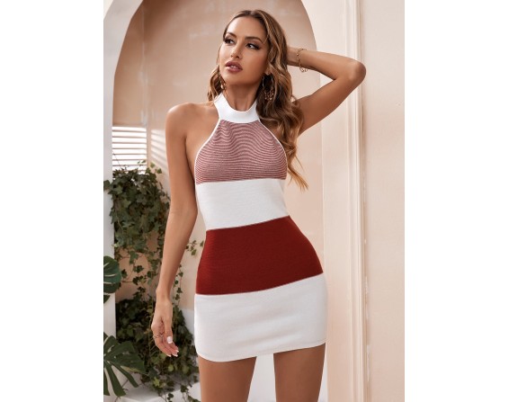 Color Block Halter Neck Knit Dress