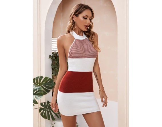 Color Block Halter Neck Knit Dress