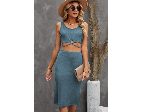 Cutout Scoop Neck Slit Midi Dress