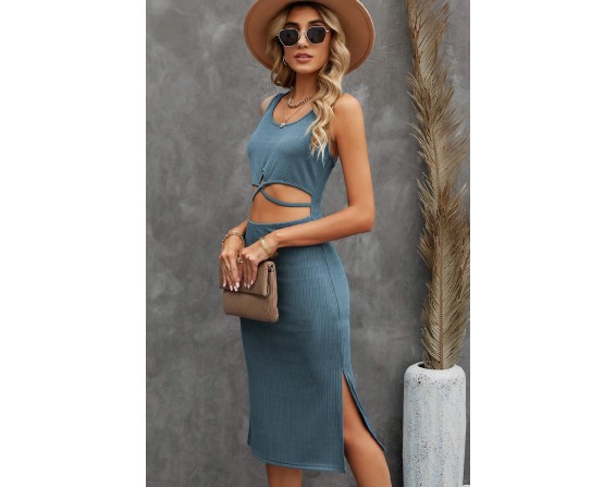 Cutout Scoop Neck Slit Midi Dress