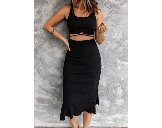 Cutout Scoop Neck Slit Midi Dress