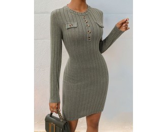 Decorative Button Long Sleeve Dress