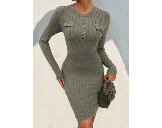 Decorative Button Long Sleeve Dress