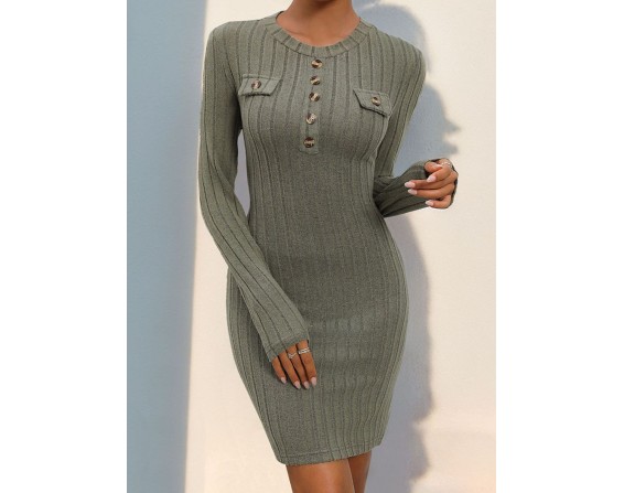 Decorative Button Long Sleeve Dress