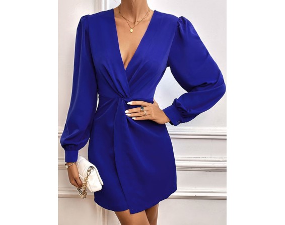 Deep V Twisted Puff Sleeve Dress