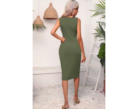 Drawstring Ruched Slit Sleeveless Dress