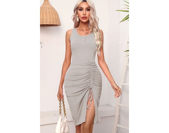 Drawstring Ruched Slit Sleeveless Dress