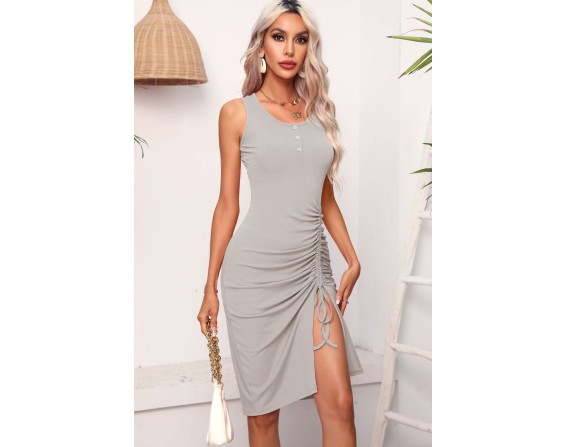 Drawstring Ruched Slit Sleeveless Dress