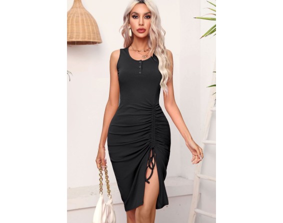 Drawstring Ruched Slit Sleeveless Dress